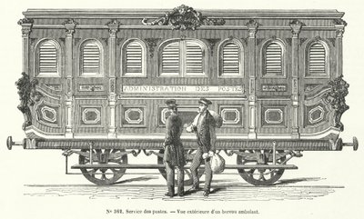 Postvagn på de franska järnvägarna (gravyr) av French School