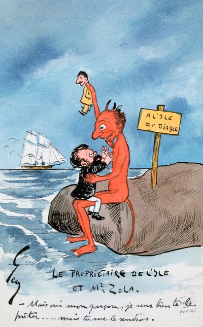 Men ja, min pojke, jag vill låna ut den till dig..., tecknad serie som föreställer Zola och djävulen på Devils Island som debatterar Dreyfusaffären (wc på papper) av French School