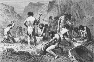 Tillverkning och polering av silex på Pressigny, illustration från LHomme Primitif av Louis Figuier, utgiven av Hachette, 1870 av French School
