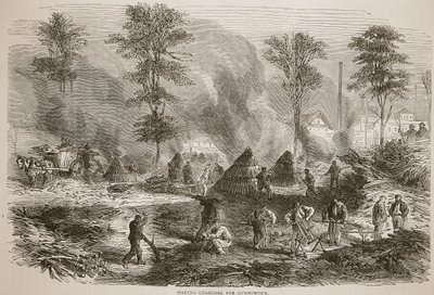Att göra träkol för krut, illustration från Cassells historia om kriget mellan Frankrike och Tyskland, 1870-1871 av French School