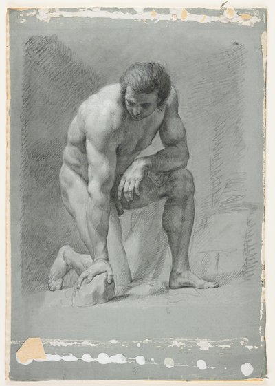 Male Academy, Kneeling, Leaning Forward on a Rock, sent 1700-tal (svart krita med vit förhöjning) av French School
