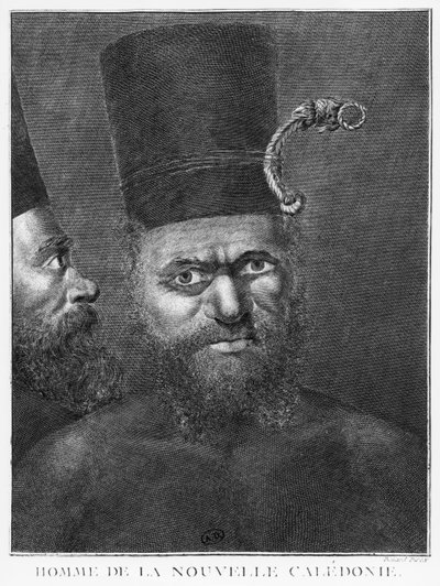 Man of New Caledonia, illustration från kapten James Cooks andra resa, graverad av Benard (1700-talet) 1774 av French School