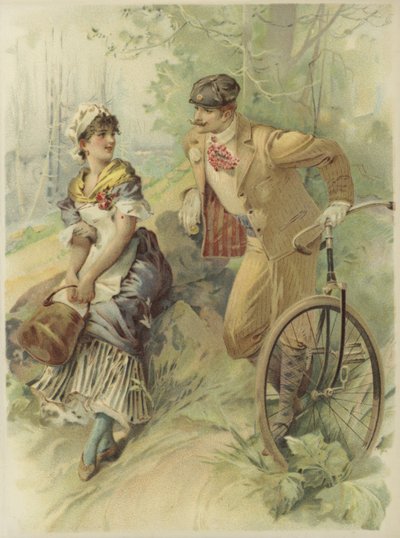 Man på cykel friar till en städerska (chromolitho) av French School