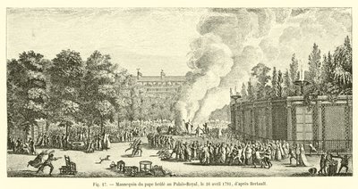 Påvens skyltdocka brändes i Palais-Royal den 16 april 1791, enligt Bertault av French School
