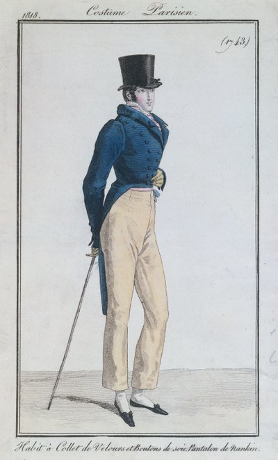 Herrkostym med sammetskrage, sidenknappar och nankeenbyxor, 1816 av French School