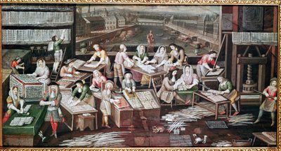 Tillverkning av spelkort i ett hus på Place Dauphine (design för en fläkt, gouache på papper, ca 1680) av French School