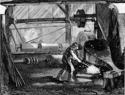Tillverkning av gevärskanoner: järnremsorna är röda tomma. Gravyr i "" Le Monde Illustré"" nr 35 av 12 december 1857. av French School
