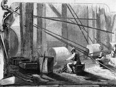 Tillverkning av gevärspistoler: polerjärnscylindrar med stenhjul. Gravyr i "" Le Monde Illustré"" nr 35 av 12 december 1857. av French School