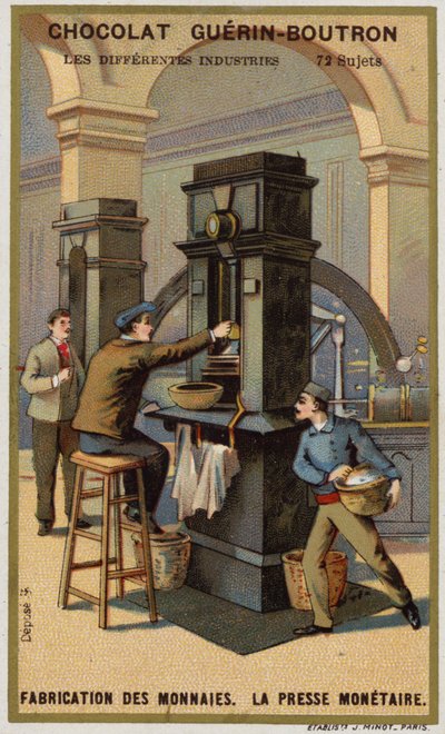 Tillverkar mynt. Myntpress (chromolitho) av French School