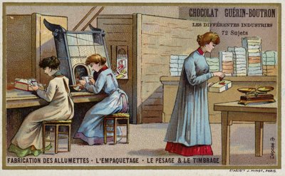 Tillverkar tändstickor. Packning, vägning och stämpling (chromolitho) av French School