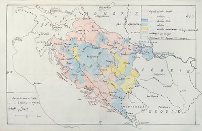 Karta över Bosnien med detaljer om områden ockuperade av etniska minoritetsgrupper, 1910 (penna, bläck och wc) av French School