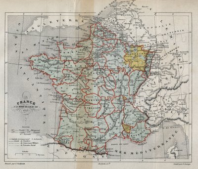 Karta över Frankrike vid Ludvig XIV:s död 1715 - Plan de La france a la mort de Ludvig XIV en 1715 - gravyr i "" Histoire de France" av Victor Duruy (1811-1894) - 1882 av French School