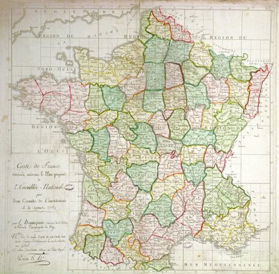 Karta över Frankrike som visar planer på att dela avdelningar, 1789 (färg litho och bläck) av French School