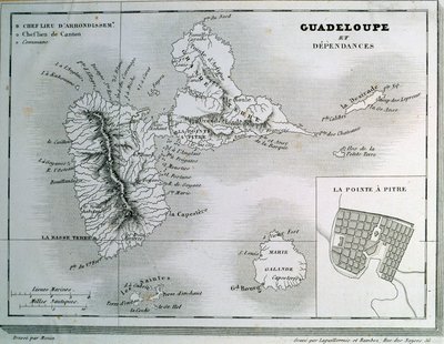 Karta över Guadeloupe och dess beroenden. Gravyr av 1800-talet. Chartres, Museum of Fine Arts av French School