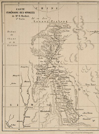 Karta över Laos och Mekongfloden som visar vägen för Henri Mouhots resa, illustration från Resor i de centrala delarna av Indo-Kina (Siam), Kambodja och Laos under åren 1858, 1859, en av French School
