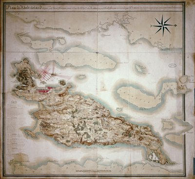 Karta över Rhode Island vid tiden för dess ockupation 1780-81 av den franska armén på order av Jean-Baptiste de Vimeur (1725-1807) greve av Rochambeau av French School