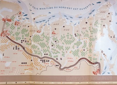 Karta över Sibirien som visar områdets enorma naturresurser och visar en sjöväg som skulle öppna för handel, 1933 av French School