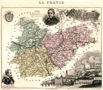 Karta över Tarn-et-Garonne med utsikt över Montauban och porträtt av Ingres och Jean Parisot de La Valette (färg litho) av French School