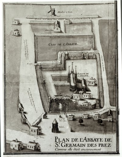 Karta över klostret Saint-Germain-des-Pres, 1713 (bläck och gouache på papper) av French School