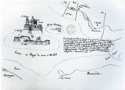 Karta över bukten Mont Saint-Michel (penna och bläck på papper) av French School