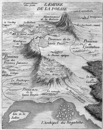 Karta över "Empire of Poesy" som representerar olika typer av poesi. Bernard Le Bouyer (Le Bovier) de Fontenelle (1657-1757) av French School