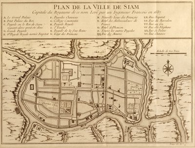 Karta över staden Siam, huvudstad i kungariket med det namnet efter en undersökning gjord av en fransk ingenjör 1687, publicerad i 1751 års upplaga av Histoire Generale des Voyages av Antoine Prevost av French School