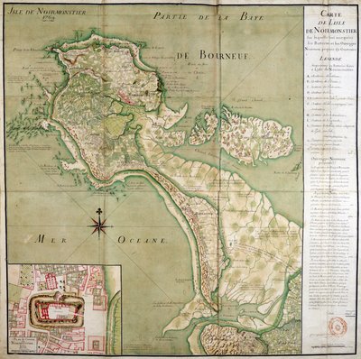 Karta över ön Noirmoutier åtföljd av en karta över slottet, gjord 1769. av French School