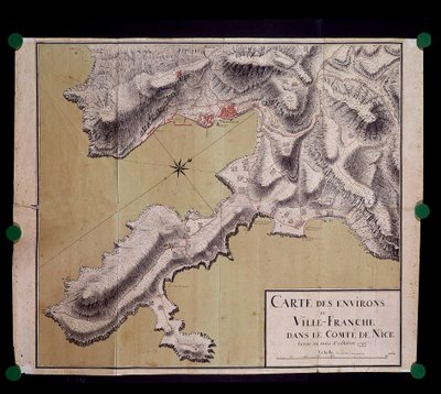 Karta över omgivningarna i Villefranche i greven av Nice-däcken i oktober 1748 av French School