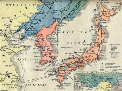 Karta över teatern av det rysk-japanska kriget. Karta över krigsteatern rysk-japanska kriget (japanska ryska kriget) - Illustration för Le petit Journal, 28 februari 1904 av French School