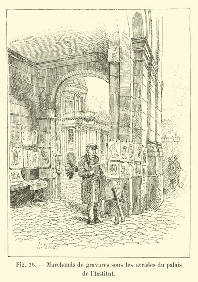 Handlare av gravyrer under arkaderna i Palace of Institute av French School