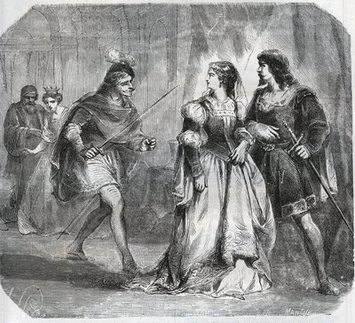 Marguerite de Baviere, hertiginna av Bourgogne (1363-1423) och drottning Isabeau (Isabelle, Elisabeth) av Baviere (1371-1435) separerar Ludvig I av Valois, hertig av Orleans (1372-1407) och Jean Sans Ppeur, hertig av Bourgogne ( 1371-1419), som kämpar för  av French School
