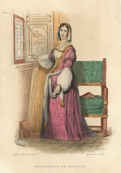 Marguerite de Navarre (färgad gravyr) av French School