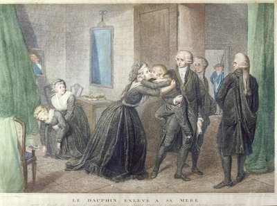Marie-Antoinette (1755-1793) tar farväl av sin son Dauphin, Louis-Charles de Bourbon (1785-1795) vid templet, 3 juli 1793, (färgstick) av French School