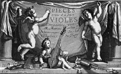 Marin Marais, frontispice av "Pieces a une et feus viololes" av French School
