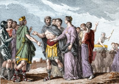 Giftermål av Clovis 1:a (481-511), kung av Frankrike, med Clotilde (Sainte Clotilde, ca 475-545) (drottning) år 493. Gravyr från 1700-talet. av French School