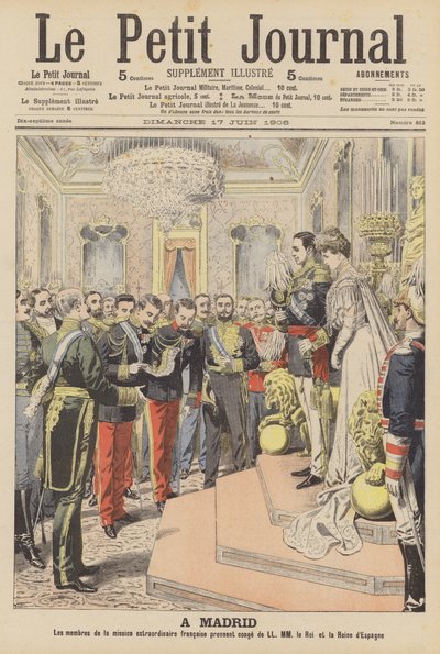 Äktenskap mellan kung Alfonso XIII av Spanien och Victoria Eugenie av Battenberg (färg litho) av French School