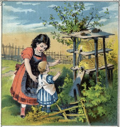 Martha visar binas arbete i kupan för sin lillasyster. Kromolitografi från "" Scenes enfantines""" utg. Guerin - Muller cirka 1885. av French School