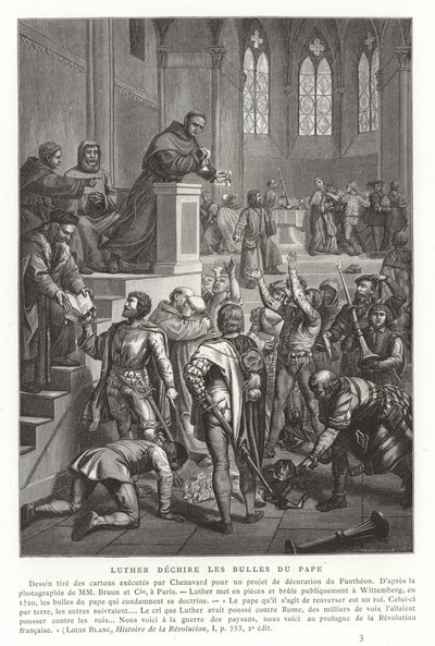 Martin Luther river upp påvliga tjurar, Wittenberg, Tyskland, 1520 av French School