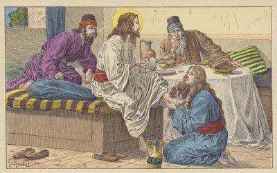 Maria Magdalena vid Jesu fötter (färg litho) av French School