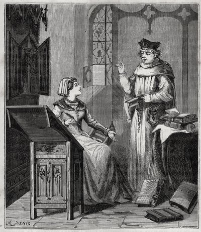 Matthieu Lansbert (Lansberg, Lansbergh, Laensberg eller Laensbergh) (1400-1500-talet) et sa niece - Gravyr i "" Vetenskaper som är tillgängliga för alla - fysik och kemi"" av Alexis Clerc - Slutet av 1800-talet - Privat samling av French School