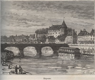 Mayenne är en kommun i västra Frankrike i regionen Pays de la Loire - gravyr i "La France illustree: geography, history, administration statistique" av V.-A. Malt-brunt. 1884 av French School