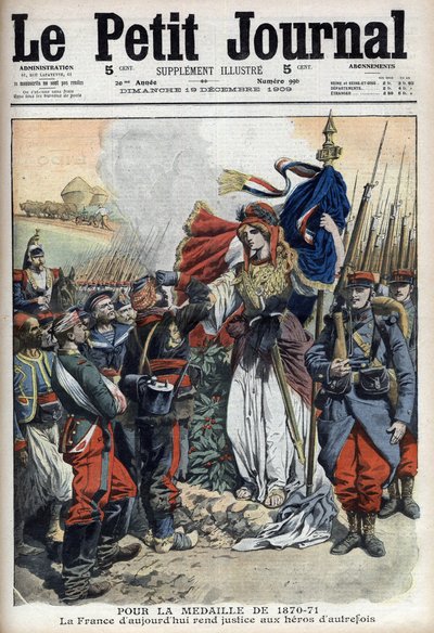 Medalj för veteraner från kriget 1870-1871: allegori om Frankrike som ger rättvisa åt det förflutnas hjältar - "Le Petit Journal" av 19 december 1909 (gravyr) av French School
