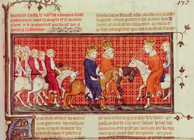 Möte mellan Karl V (1338-80) av Frankrike och den helige romerske kejsaren Karl IV (1316-78) I sällskap av romarnas kung, från Grandes Chroniques de France av French School