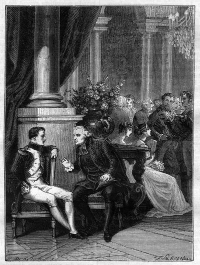 Möte i Genes (Genova) i Italien av Napoleon I med kardinal Jean Siffrein Maury (1746-1817) 1805 - i "History of the empire following the history of the consulat"" av Adolphe Thiers - 1879 - privat samling av French School