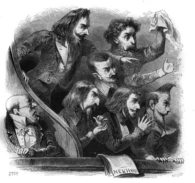 Medlemmar av den romantiska litterära rörelsen närvarade vid den första representationen av Victor Hugos verk "Hernani" (1802-1885) på Comedie Francaise i Paris, 25 februari av French School