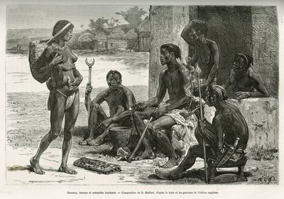 Män, kvinnor och redskap (Bihe-regionen, Rwanda). Gravyr av D.Maillart, för att illustrera berättelsen om hur jag korsade Afrika, från Atlanten till Indiska oceanen, av major Serpa Pinto, 1877-1878, publicerad i Tour du monde, under ledning av Ed av French School