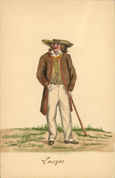 Herrdräkt från Lauzach, Morbihan (färglitografi) av French School