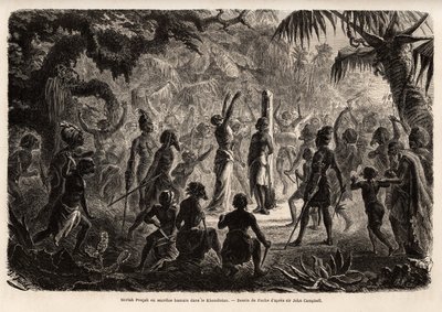 Meriah Pujah eller människooffer, Khondistan (Engelska Indien). Teckning av Fuchs, för att illustrera major John Campbells studie av människooffer i Engelska Indien av French School