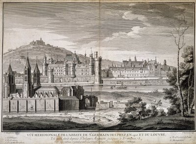 Meridional utsikt över klostret Saint Germain des Pres och Louvren 1410 - gravyr av French School