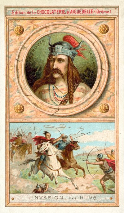 Merovech, kung av de saliska frankerna, och invasionen av hunnerna, 451 (chromolitho) av French School